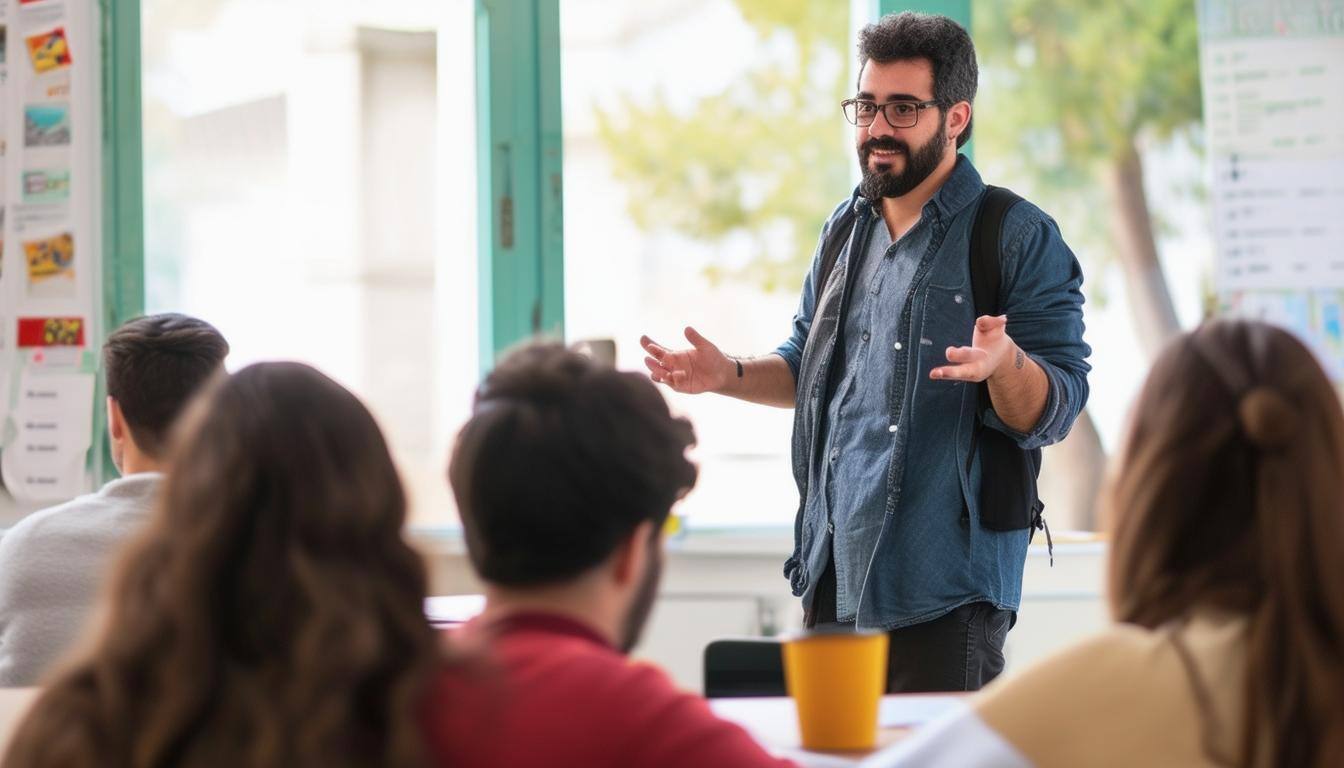 Spanish college teacher teaching students in class