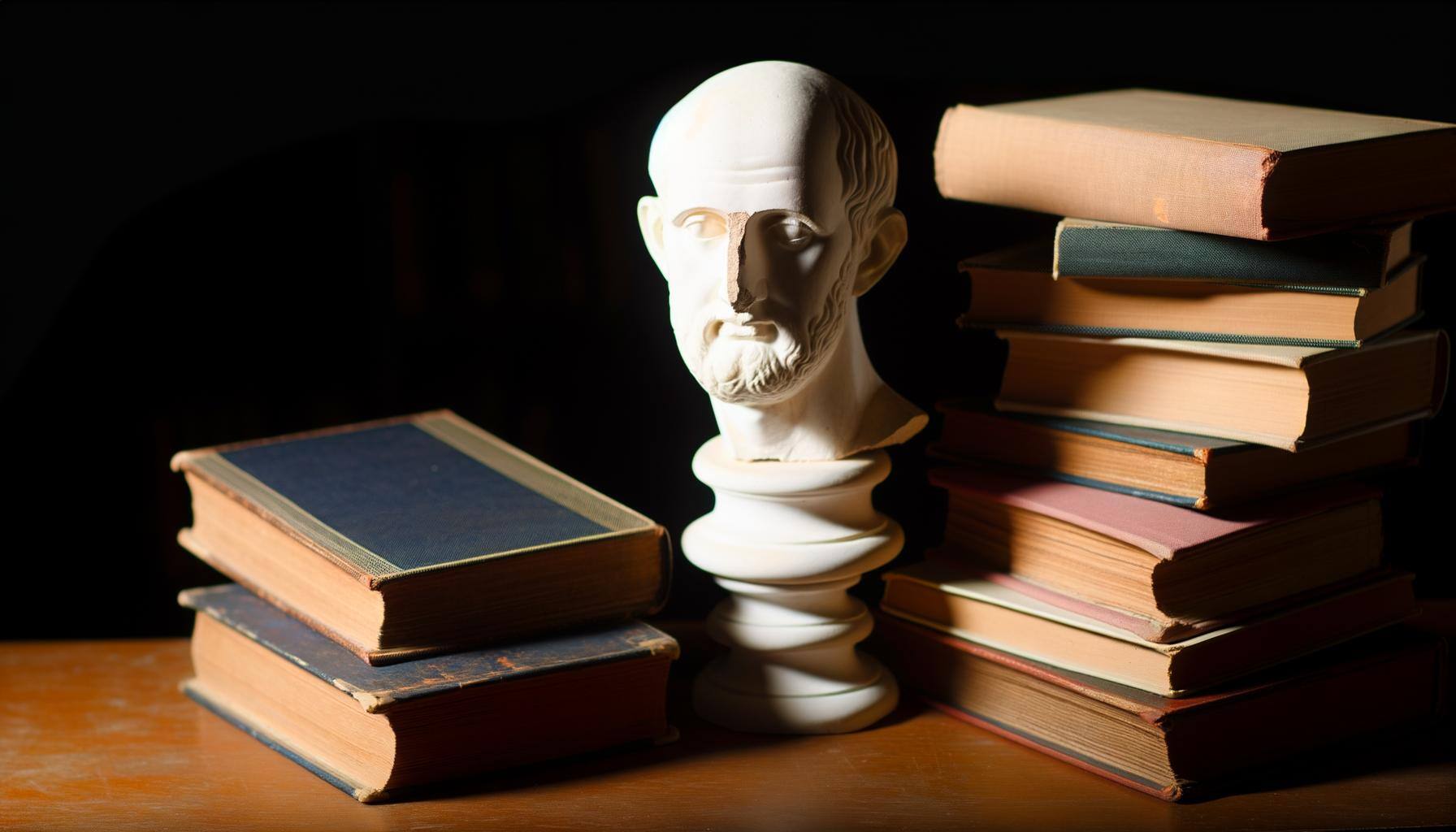 greek bust on top of a stack of books