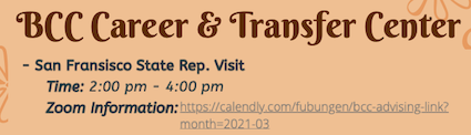 BCC Career & Transfer - San Fransisco State Rep. Visit